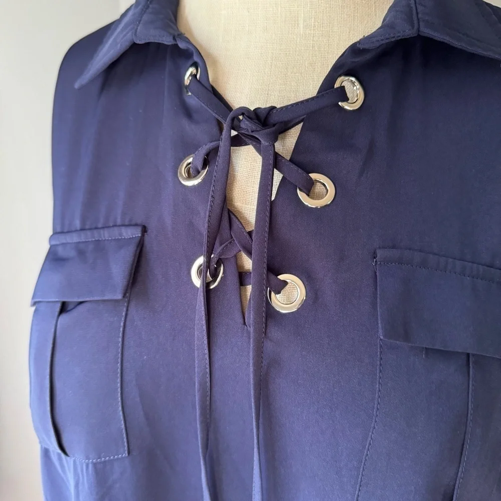 41 Hawthorn Blouson Roll Tab Sleeve Navy Blue Shirt Grommet Tie Dress Size L